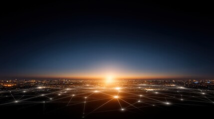 Aerial View of a Cityscape at Dawn with Network Connections and Glowing Lines Depicting Data Flow and Connectivity in a Digital World