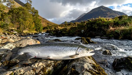 Large fish lies on stones in a flowing stream with mountainous backdrop