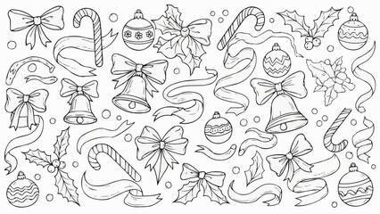 Collection of Hand Drawn Christmas Ornaments and Decorations.