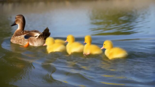Mother duck leading a line of cute yellow ducklings swimming on a pond