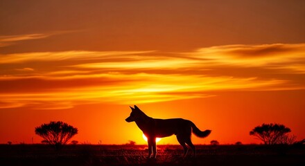 Silhouette of a wild dingo standing in the Australian outback at sunset, with a vibrant orange and yellow sky.