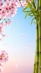 Japanese Spring Background with Cherry Blossoms and Bamboo　Falling Sakura Petals and Tranquil Natural Harmony