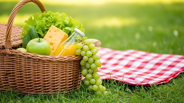 Picnic basket with fresh fruit and cheese on red checkered blanket