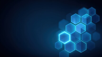 Abstract hexagonal shapes glowing in blue against a dark background, conveying modern technology and innovation in digital design for web and print use