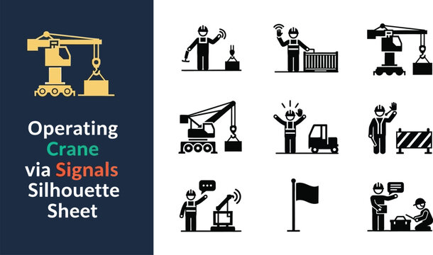 Construction site crane operation safety guide using standard hand signal silhouettes