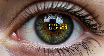 Digital Clock Reflected in a Human Iris Represents Time and Precision