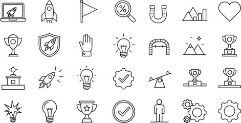 Black and White Line Icon Set Representing Innovation, Success, Achievement, Creativity, Analysis, and Business Motivation for Design Projects