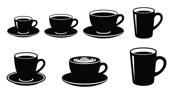 Coffee cup and mug silhouettes showcasing various sizes and latte art designs