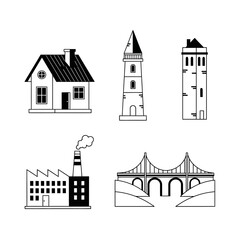 Fototapeta premium Charming collection of iconic building illustrations including a cozy house, two distinct towers, a busy factory, and a majestic bridge, perfect for creative projects.