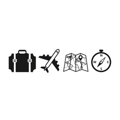 Embark on your next adventure with this essential travel icon set featuring a suitcase, airplane, map, and compass for seamless journey planning and exploration.
