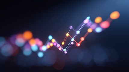 Colorful Abstract Data Visualization with Blurred Background and Bright Glowing Nodes Creating a Wave of Information Flow Across the Digital Space
