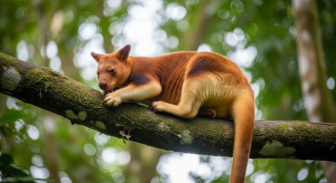 Tree Kangaroo Resting on a Branch in a Lush Green Forest.