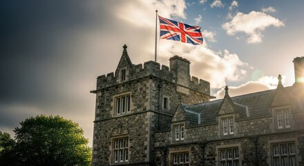 Majestic stone fortress under a dramatic sky with the union jack flying proudly