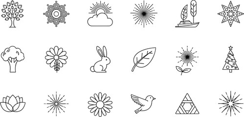 Black and White Nature and Geometric Icon Set Featuring Trees, Animals, Flowers, Abstract Shapes, and Minimalist Symbols for Design Use