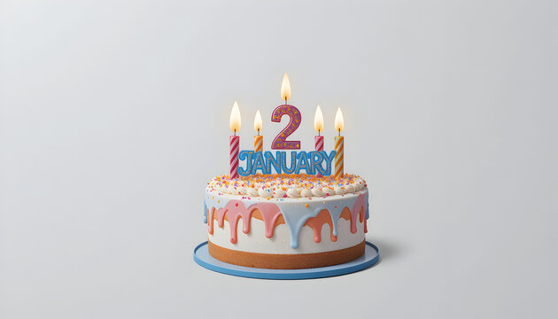 Birthday cake with lit candles on January 2nd celebration