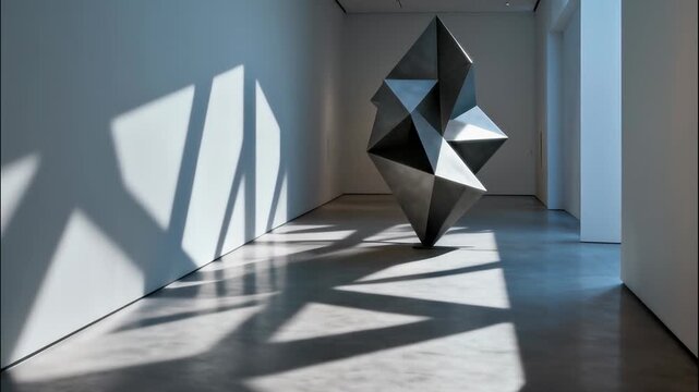 Modern Sculpture in Sunlight Casting Geometric Shadows in an Art Gallery