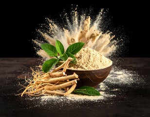 A wooden bowl filled with beige powder and green leaves, roots