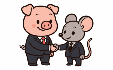 Obraz premium Cartoon illustration of a pig and a mouse shaking hands.