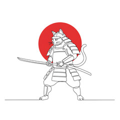 Samurai Cat Japanese Line Art Illustration　Minimal Japanese Modern Artwork of a Cat Warrior with Sword