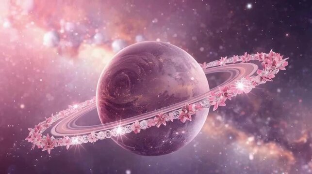A stunning, surreal depiction of a planet surrounded by sparkling rings adorned with flowers, set against a cosmic backdrop of stars and galaxies. row and spin video