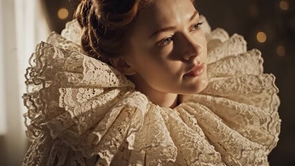 Graceful lady with exquisite lace collar in soft light, captures the elegance of a bygone era and evokes feelings of nostalgia and timeless beauty