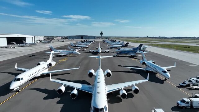 Luxury private jets lined up on airport tarmac ready for takeoff under blue sky, showcasing wealth, travel, and high-end transportation in dynamic motion
