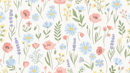 Seamless pattern of delicate wildflowers and botanical elements.