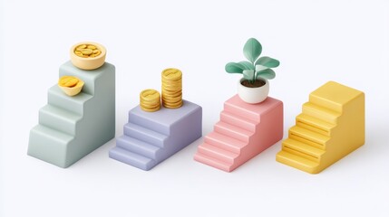 Colorful 3D stairs with coins, plant, and fruits symbolize financial growth, prosperity, and development in a modern and minimalistic style