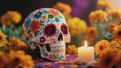 Colorful floral skull with candle and flowers