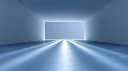 Fototapeta premium Abstract interior space with soft blue light beams illuminating a minimalist room, creating an atmosphere of serenity and allure