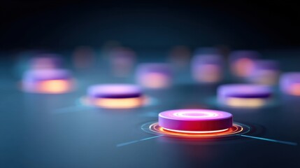 Abstract glowing buttons with neon colors on a dark background, creating a futuristic digital environment, perfect for tech and gaming concepts.