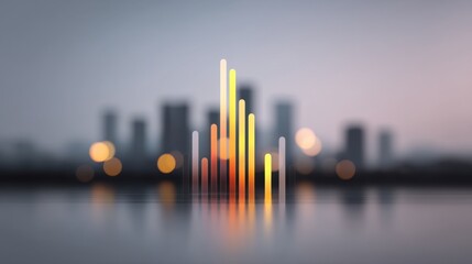 Abstract design showcasing colorful sound wave bars rising against a blurred city skyline background with soft glowing bokeh lights at dusk