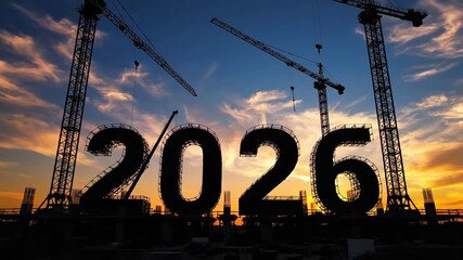 Silhouette of cranes and construction site at sunset with the year 2026 - Powered by Adobe