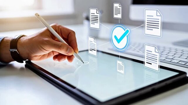 Hand using stylus on tablet with icons