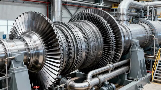 Medium shot of a modular steam turbine system in an industrial power plant showcasing flexible components designed for scalable and efficient electricity generation.