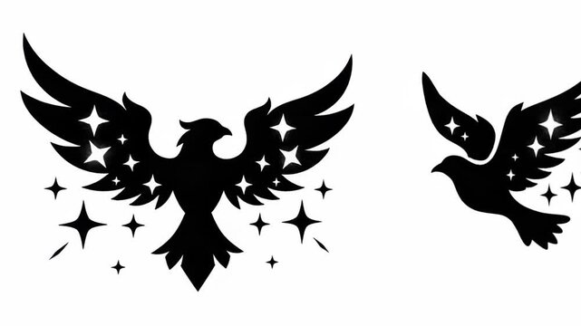 Silhouettes of mythical creatures with starry wings and details on white