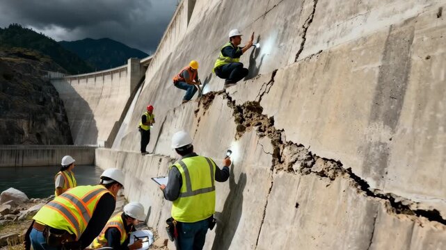 Medium shot capturing largescale dam inspectors evaluating massive concrete walls to assess integrity before heavy rains