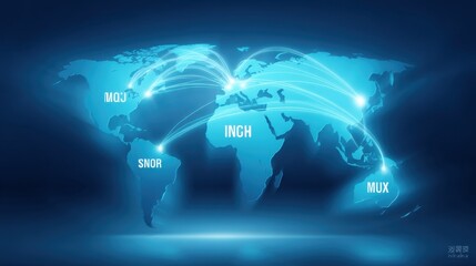 Blue World Map with Illuminated Connections Across Continents and Cities Representing Global Communication and Technology Integration