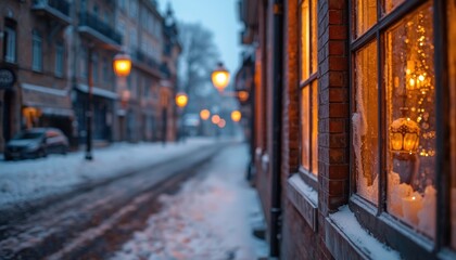 Fototapeta premium winter wonderland background frozen cobblestone street warm light