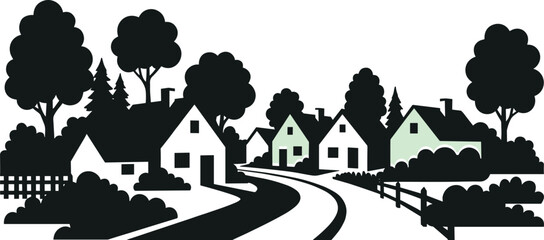 Peaceful countryside village silhouette illustration, rural houses with winding road, trees and fences, minimalist black and green vector landscape designPeaceful countryside village silhouette illust