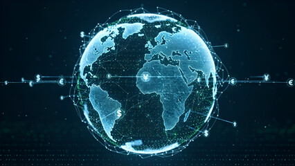 A 3D illustration of a blue Earth globe highlighting Europe, Asia, and America, representing global business, geography, and internet technology on a black background