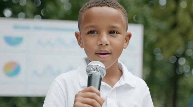 Young boy speaking confidently into microphone at bright outdoor event showing courage leadership and communication skill