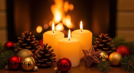 A low-key close-up captures three bright pillar candles and festive red ornaments creating a warm, golden glow against the cozy, blurred flames of a fireplace hearth.