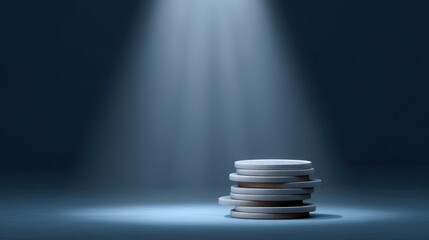 Stacked Coins Illuminated by Spotlight on Dark Background, Symbolizing Finance, Wealth, Investment, and Prosperity in Minimalist Style