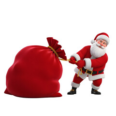 Santa Claus pulling a large red sack filled with gifts and presents, isolated on a white background, embodying the spirit of Christmas and gift-giving