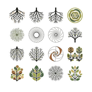 Stunning collection of tree and root vector illustrations, perfect for nature-themed designs, botanical projects, and artistic presentations with a modern and elegant touch
