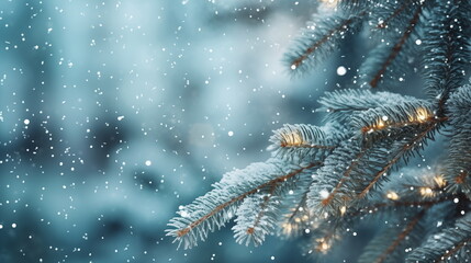  Xmas tree with snow decorated with garland lights, Christmas background, wallpaper