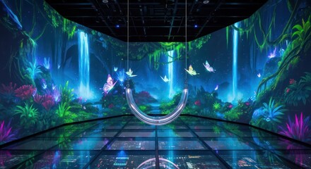 Dreamlike immersion: Neon rainforest environment with transparent swing and urban reflection