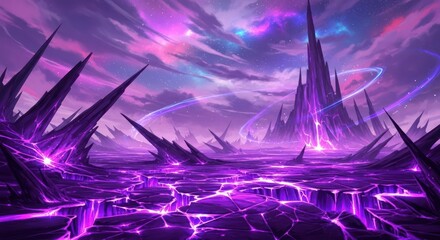 Ethereal violet landscape showcasing jagged peaks under a celestial canvas creating a surreal