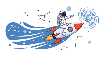Cartoon astronaut riding a rocket ship through outer space and pointing forward, exploring a galaxy with stars and planets.